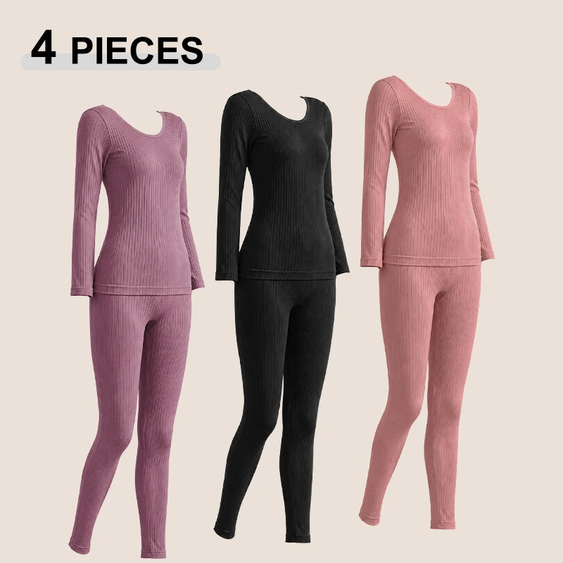 2026 4Pc Autumn Winter Warm Thermal Underwear Solid Color Striped Women Shaped Sets Female Middle Collar Thermal Shaping Clothes