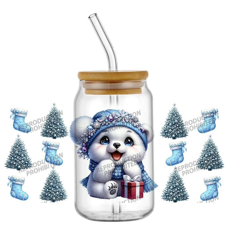Christmas dog pattern UV DTF Cup Decals Transfer Sticker For 16oz Glass Tumbler Winter Holiday DIY Cup wrap Decor Accessories