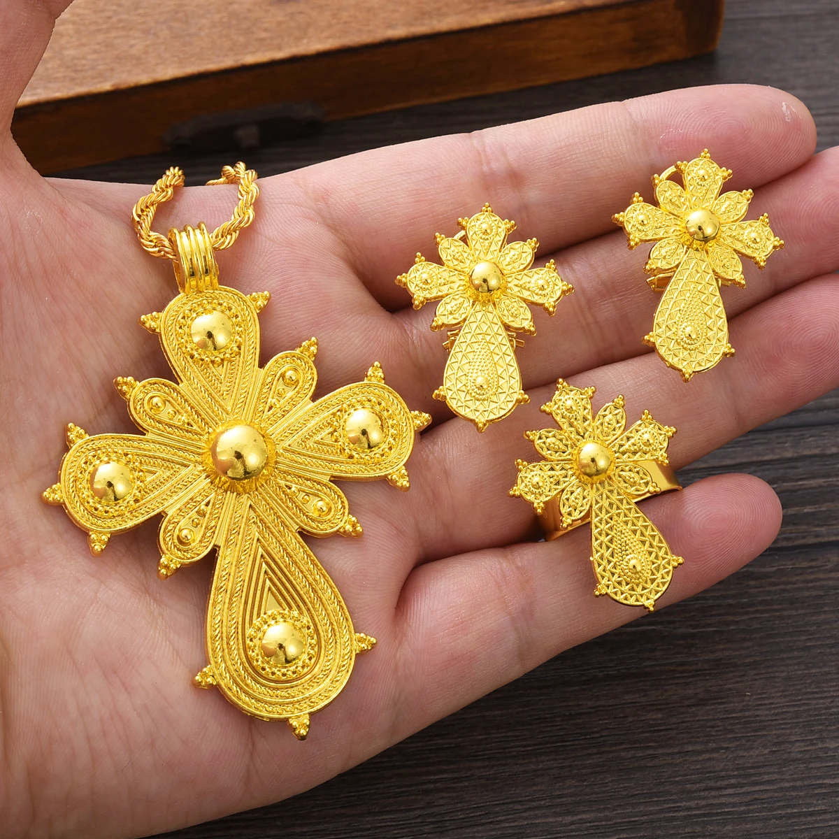 NEW Ethiopian Classical Ethiopian Gold Plated Bridal Jewelry Sets Necklace Earrings Ring Gifts Wedding Jewellery Set For Women