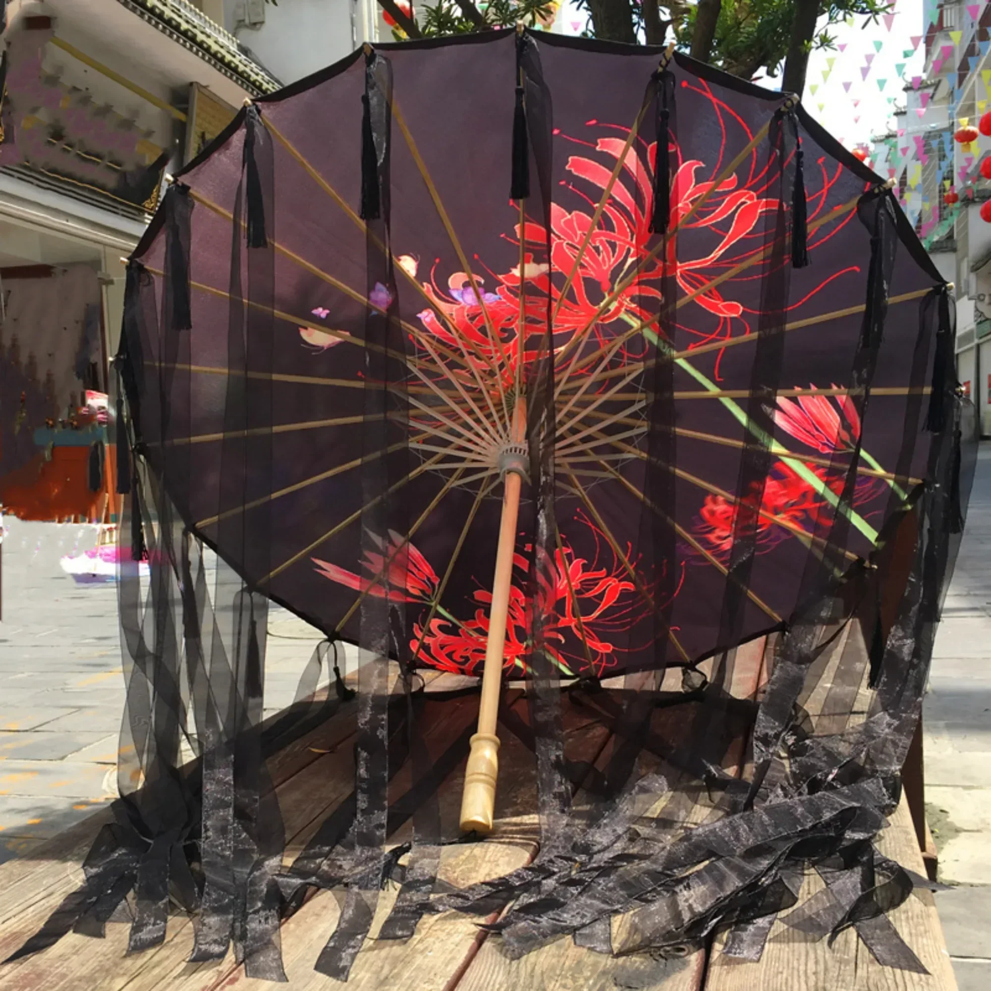 Chinese Umbrella Ancient Tassel Cos Hanfu Antique Oil Paper Umbrella Ancient Red Flower Ribbon Prop Parasol Woman cosplay Uv