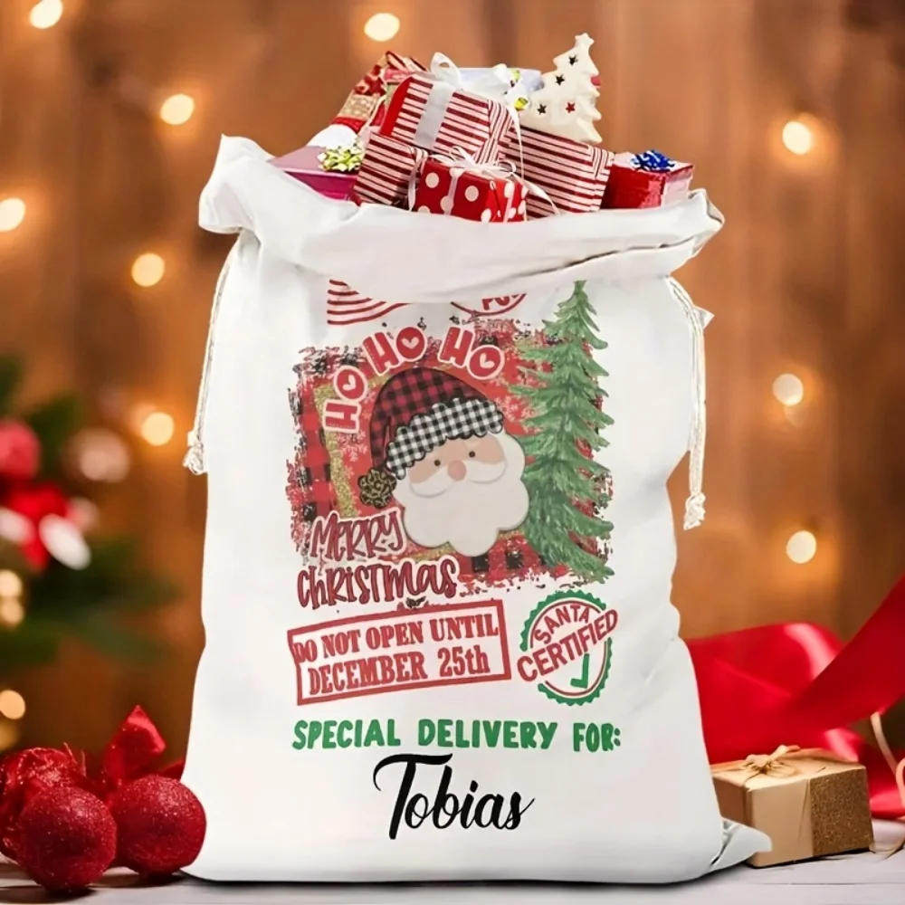1Pc Customized Name/Text Santa Claus Imitation Hemp Gift Bags, Extra-Large Drawstring Bag, Party Gift Candy Bags, Christmas Gift