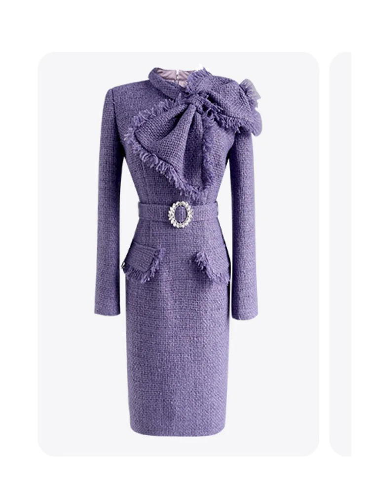 

HIGH STREET Newest Fall Winter Designer Runway Fashion Long Coat Women's Big Bow Diamond Buckle Belt Tweed Dress