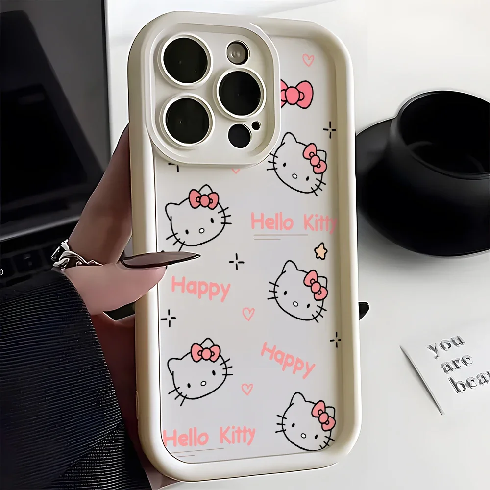 Carved Hello Kitty Phone Case for iPhone 16 15 14 Plus 13 12 Mini 11 Pro Max X Xs XR 8 7 Soft TPU Ladder Lens Protection Cover