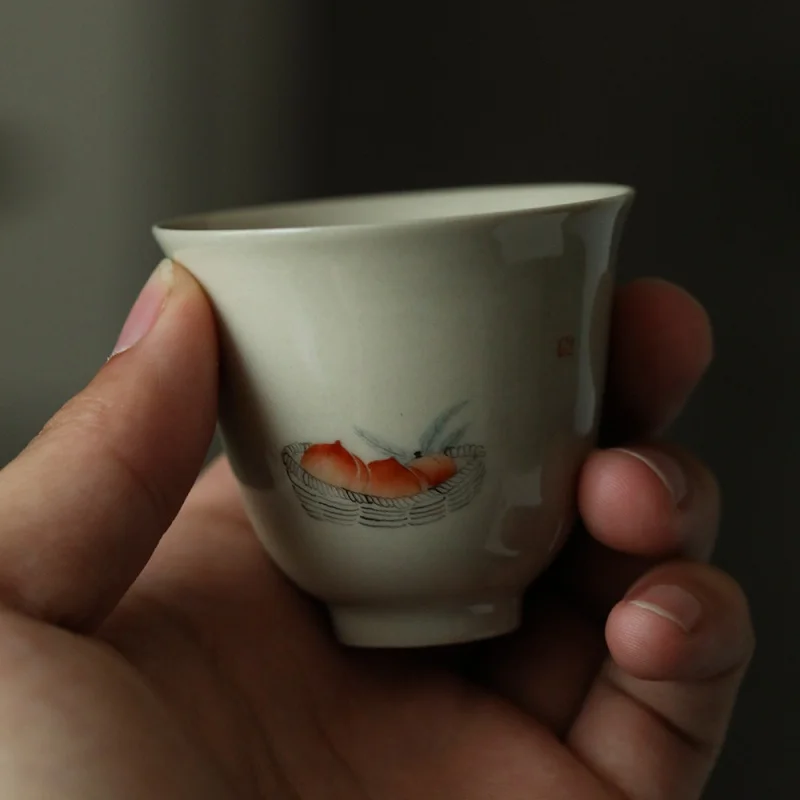 Jingdezhen Ceramic Tea Set Hand Painted Longevity Peach Grass and Wood Gray Kung Fu Tea Cup Master Cup Single Cup Tea Appreciati