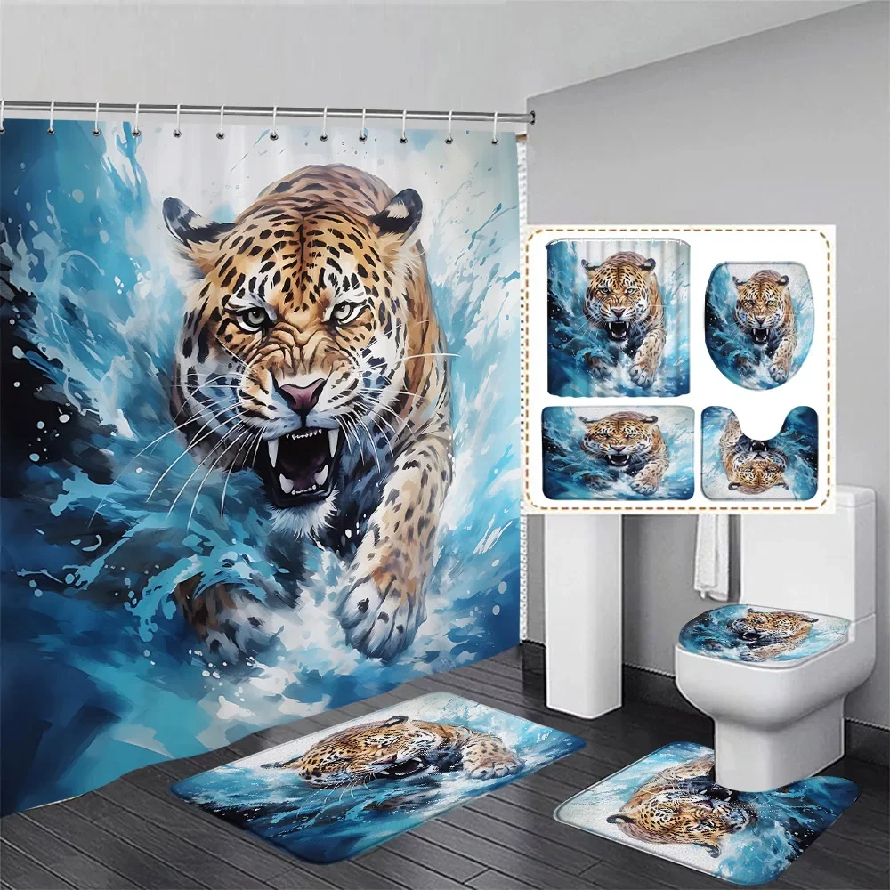 

Wildlife Tiger Shower Curtain Set Blue Sea Waves Fierce Wild Animal Bath Curtains Home Bathroom Decor Bath Mats Toilet Lid Cover