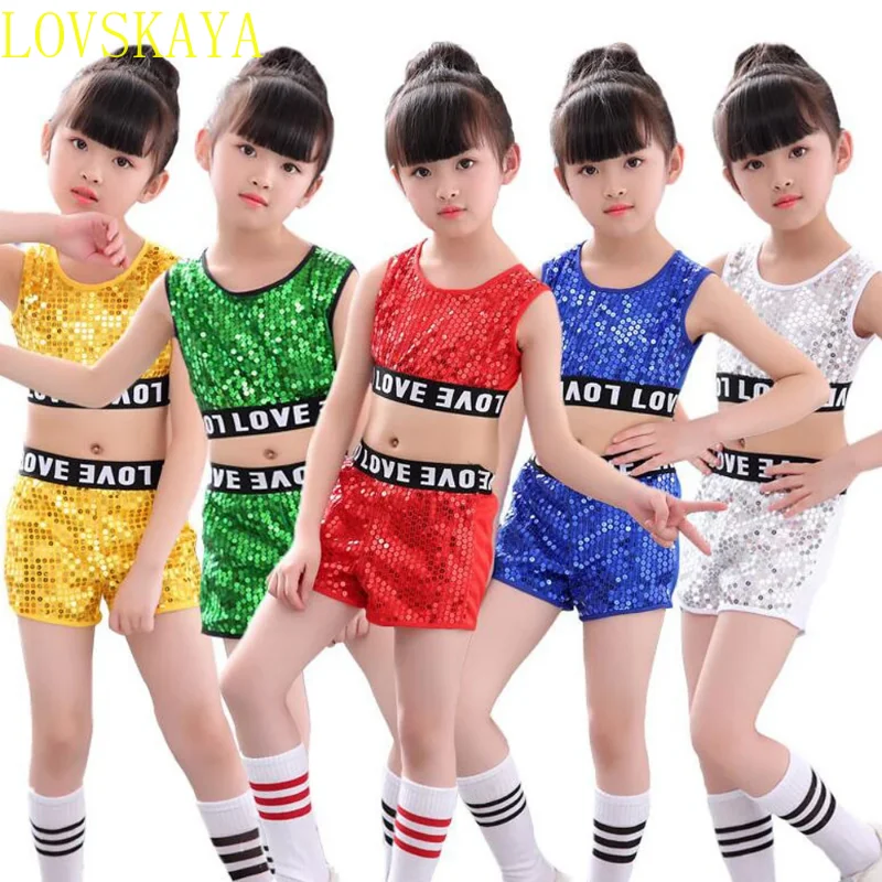 Trajes modernos de dança jazz para meninas, tops de lantejoulas, calças e casaco, roupas infantis para festas, street dance infantil, hip hop, salão de baile, 3 peças