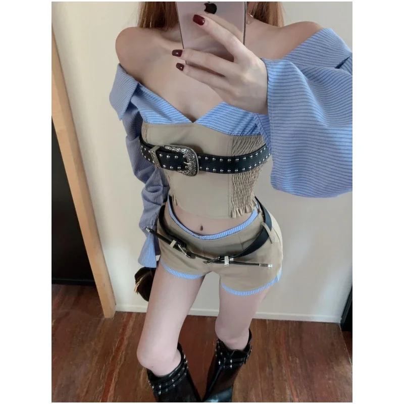 One Shoulder Patchwork Striped Shirts Crop Top Sexy 2 Piece Sets Womens Outfits Short Pants Suits Slim Y2k Shorts Femme 2024