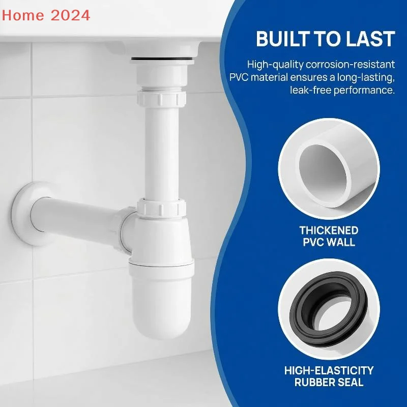 

[HGS]Plastic PVC White Heavy Duty Kitchen Sink P-Trap Set For Lavatory Kitchen Sink Anti-Clog Drain Trap[HGS]