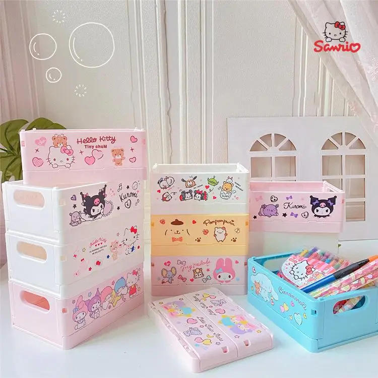 17CM Sanrio Organizer Foldable Kawaii Kuromi Melody Cinnamoroll Pom Pom Purin Anime Peripheral Kawaii Stackable Box Gift