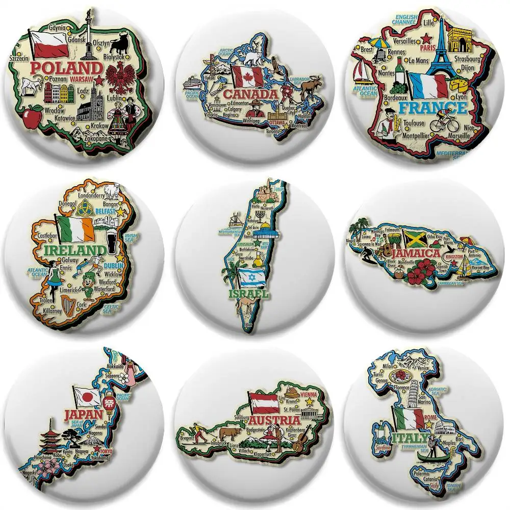 

Tourist Poland France Canada Badges Round Exquisite Badge Brooches Creative Pins For Clothes Hat Backpack Gift Accessories