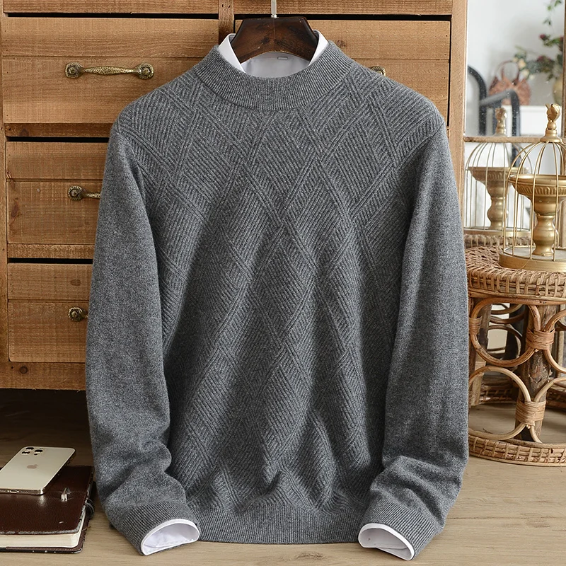 New winter cashmere sweater men's 100% pure cashmere half turtleneck knitted diamond-shaped casual thin bottoming warm sweater