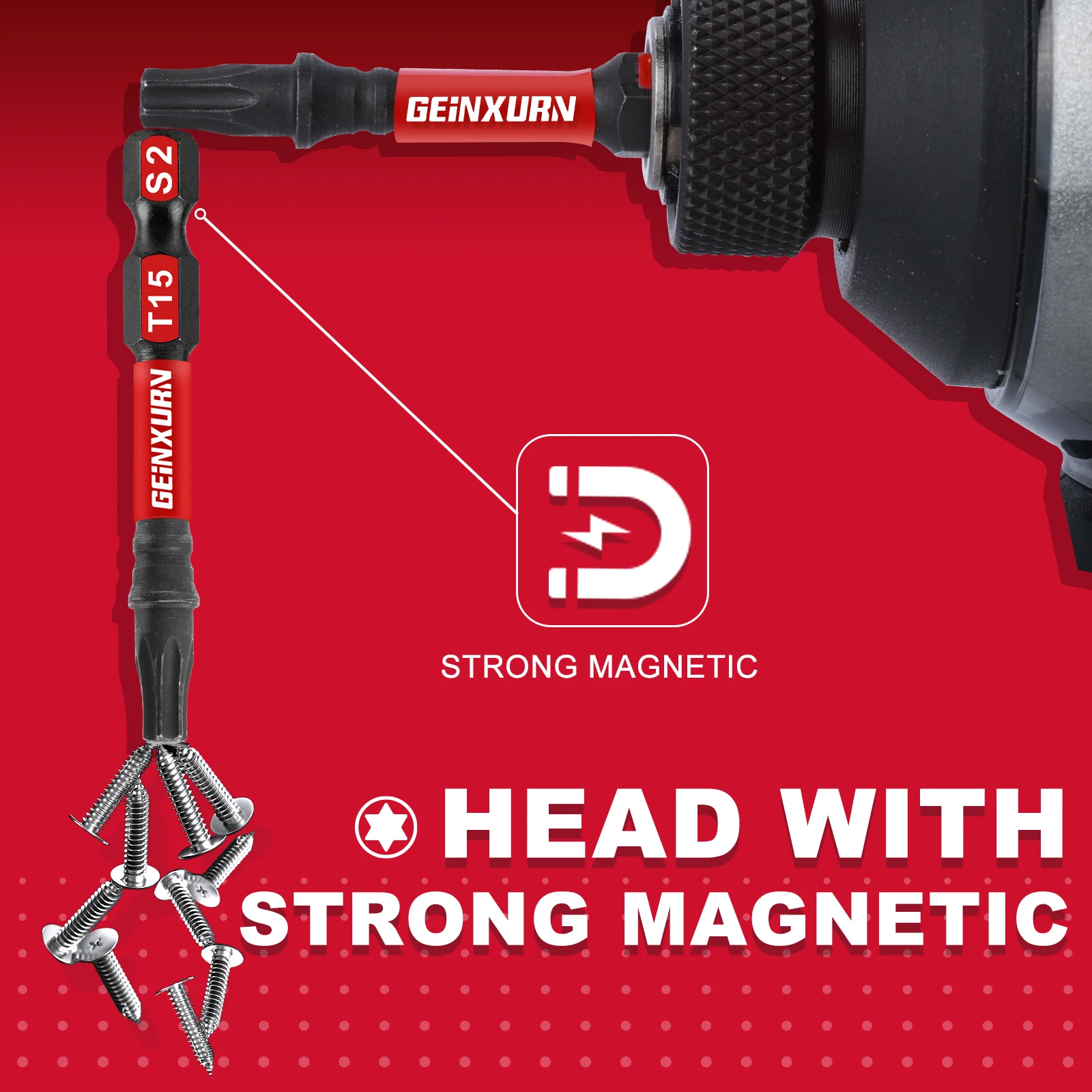 Geinxurn 2 In.Torx Head Power Impact Tough Magnetic Power Bit Set,S2 Alloy Steel Star T15 Screwdriver Bits Set