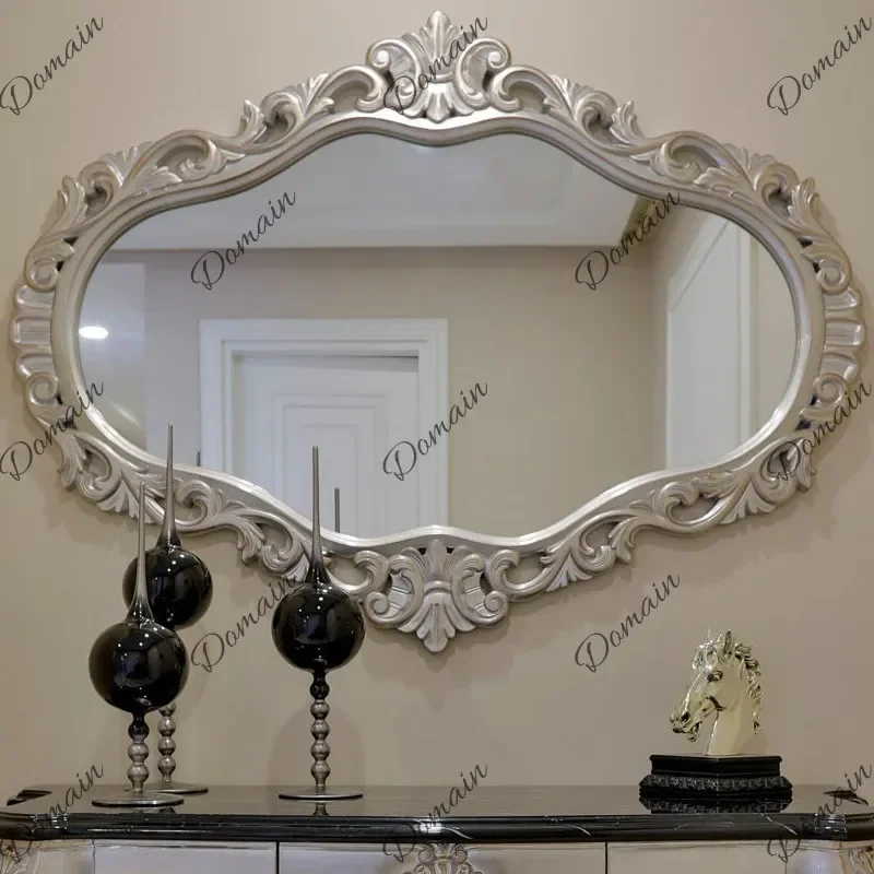 Nn European Luxury Wooden Carved Vanity Mirror Wall Mounted Bathroom Washbasin Custom Ornate Makeup Mirror