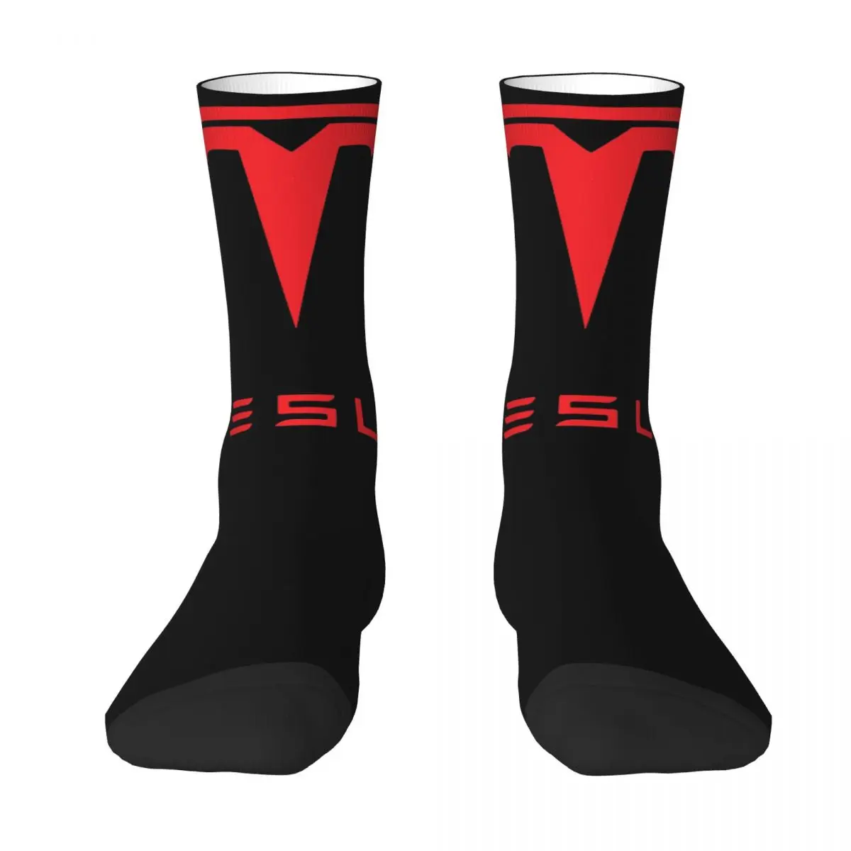 Calcetines con estampado 3D para hombre y mujer, medias cálidas con Logo rojo Tesla, calcetines interesantes para las cuatro estaciones