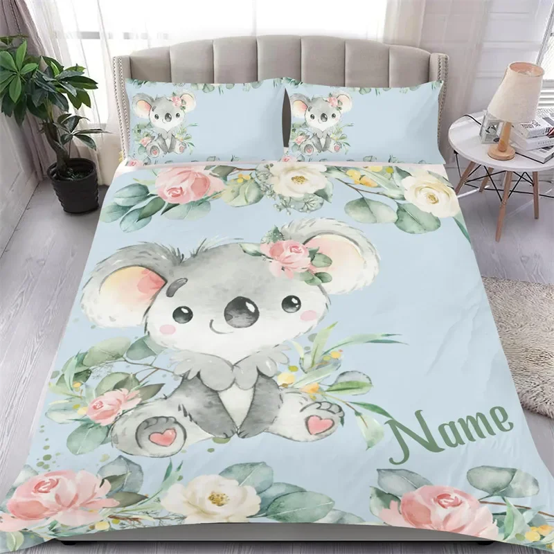 Custom Name Lovely Koala Flowers Duvet Cover Cartoon Animal Bedding Set Elephant Quilt Cover Single King Size For Girl Teen Gift