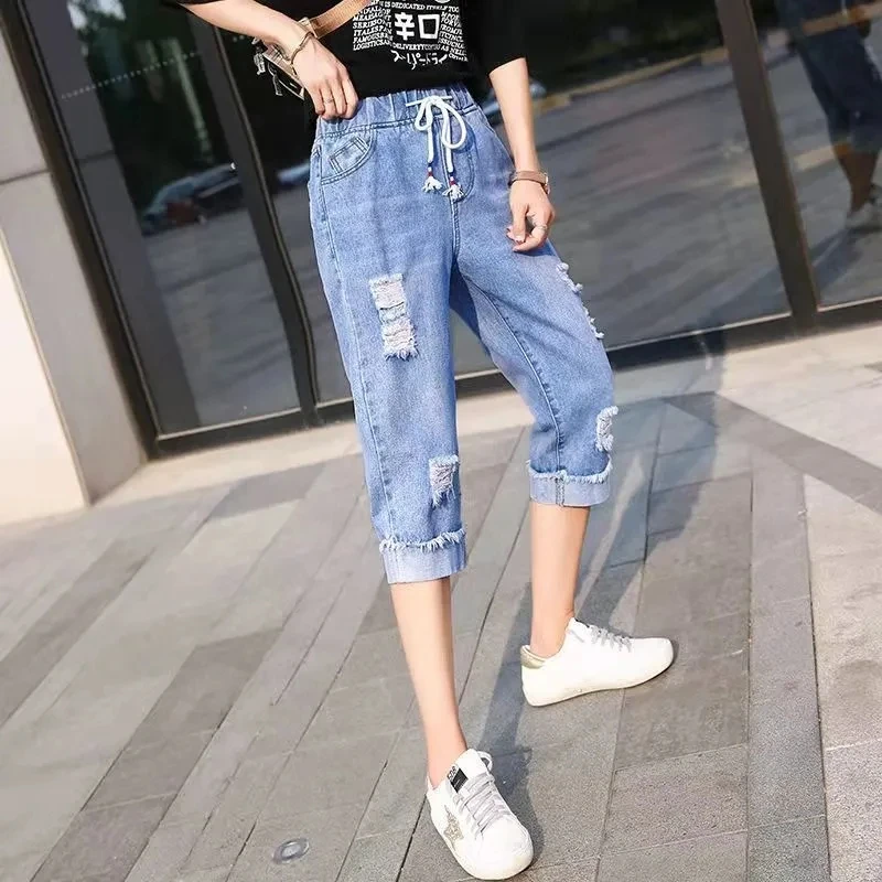 2023 Denim Cropped Pant Women New Loose Elastic Harem Pants Girls Casual All-Match High Waist Denim Pants Summer Breeches Trend