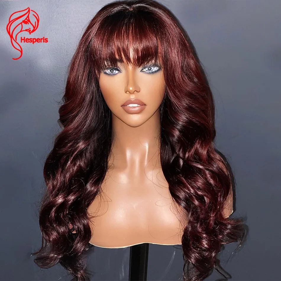 Hesperis Ombre 99j Human Hair Wigs With Bang Scalp Top Full Machine Made Brazilian Remy Colored Burgundy Wig For Black Women