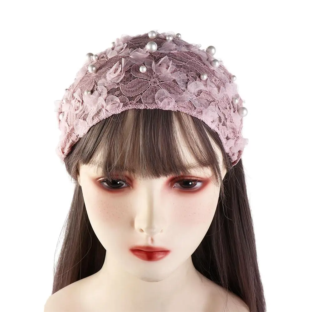 Sweet Vintage For Girls Pearl Wash Face Non Slip Flower Korean Head Wrap Women Hairbands Lace Headband