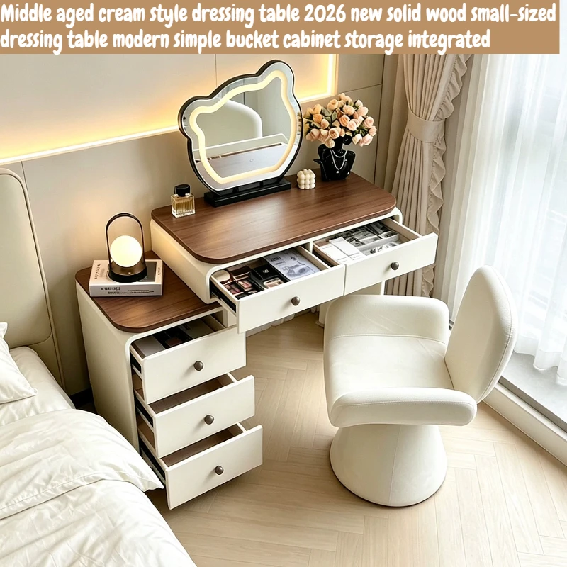 Modern Cream White Vanity Desk With LED Mirror Stool Dressing Table Woman Makeup Toiletries With Side Cabinet Bedroom Furniture