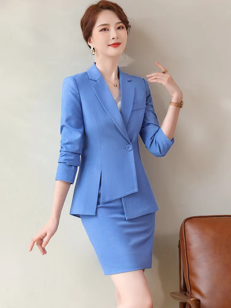 Asymmetric Size S-4XL Women Pant Suit High Quality Blue Purple Black Two Pieces Set Single Button Blazer With Trouser For Spring