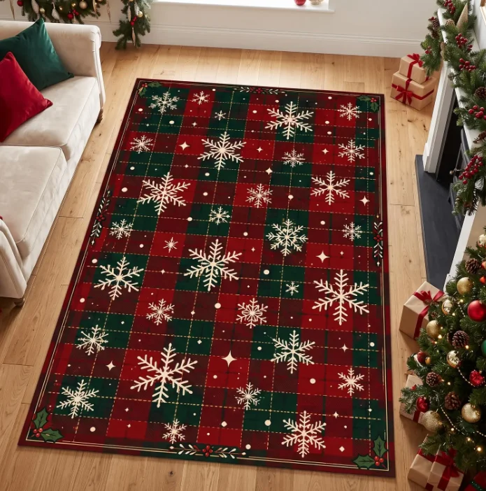 Christmas Plaid Area Rug Snowflake Red Green Tartan Winter Holiday Farmhouse Carpet