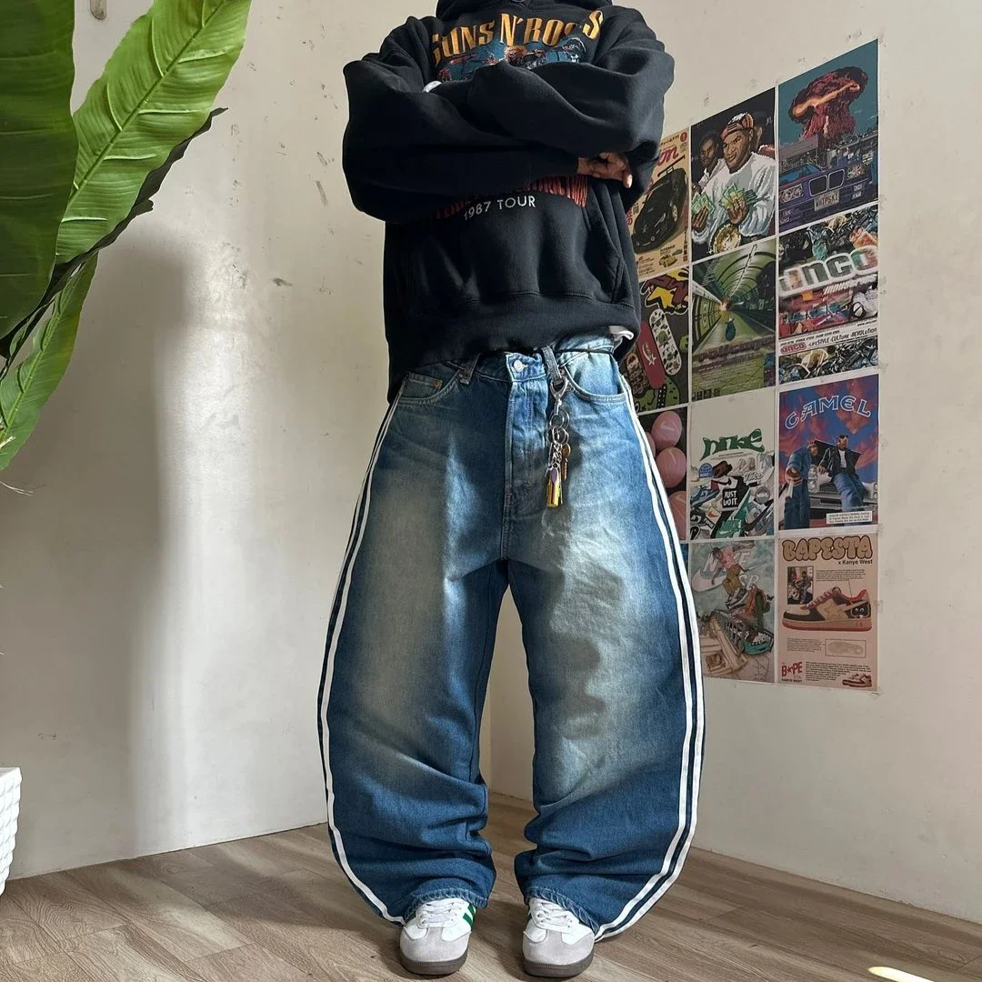 Simple Retro Y2K Harajuku Sports Striped Embroidered Washed Blue Jeans Men's Street Trend Loose Wide-leg Pants Skateboard Pants