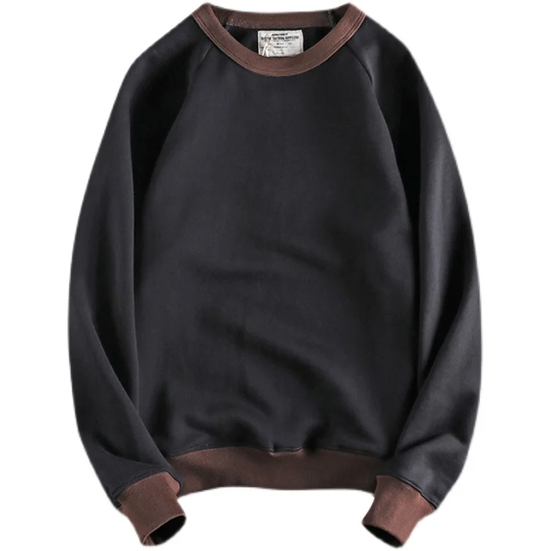 Autumn and winter heavy American vintage plus velvet round neck hoodie men fashion color patchwork leisure youth long sleeve