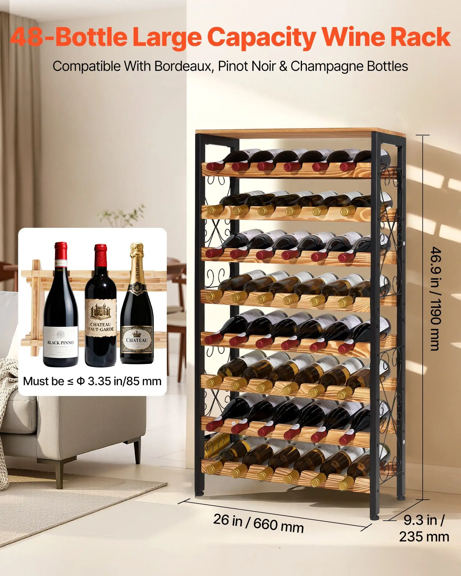 48 Bottle Wine Rack,8-Tier Wine Bottle Holder,Freestanding Floor Display Wine Storage Shelves with Wood Table Top,For Kitchen