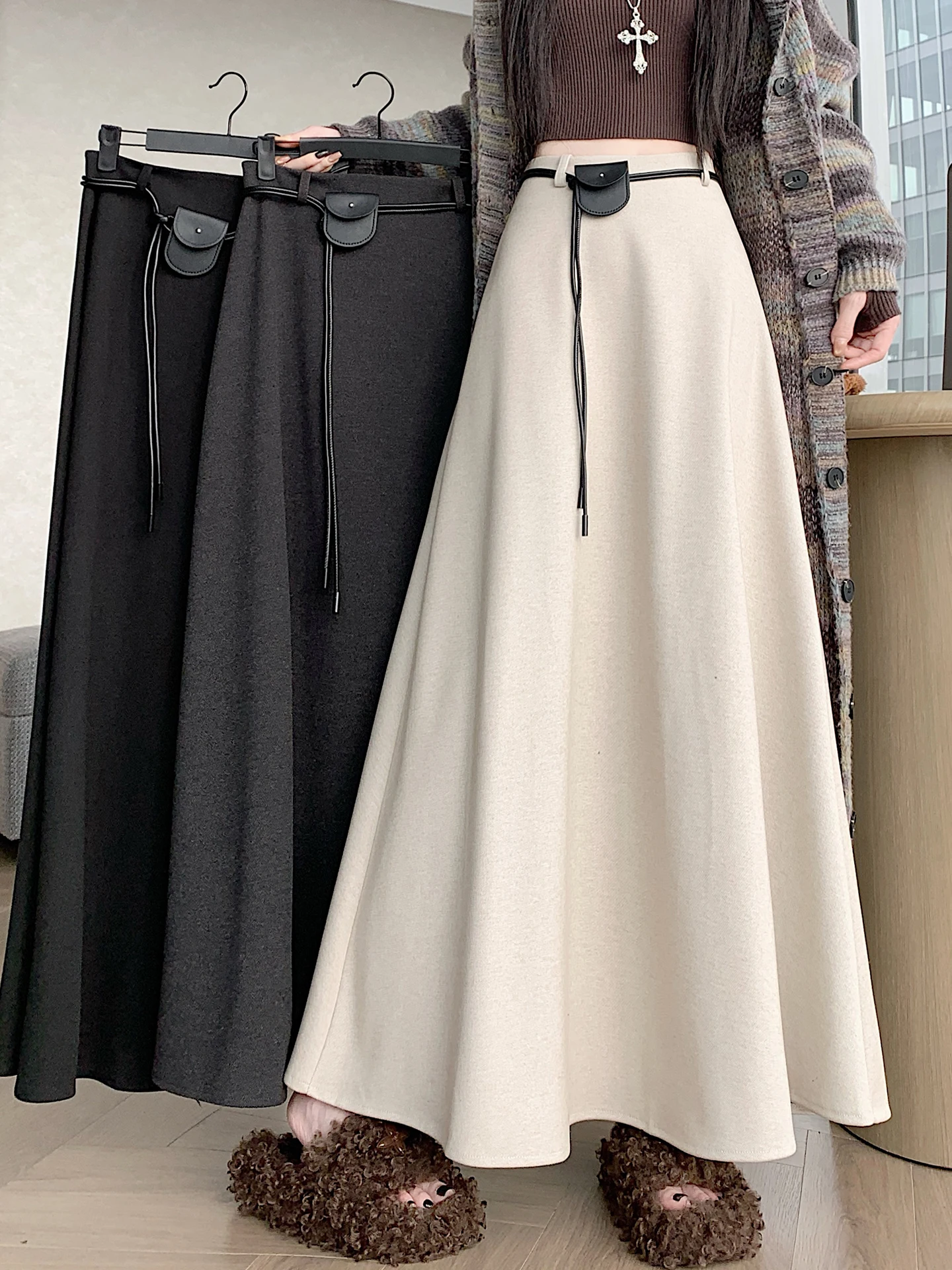 Thiened بدلة صوفية تنورة المرأة الخريف الشتاء تصميم تحسس حبل مربوط ثنيات عالية الخصر ضئيلة ألف خط مظلة تنورة
