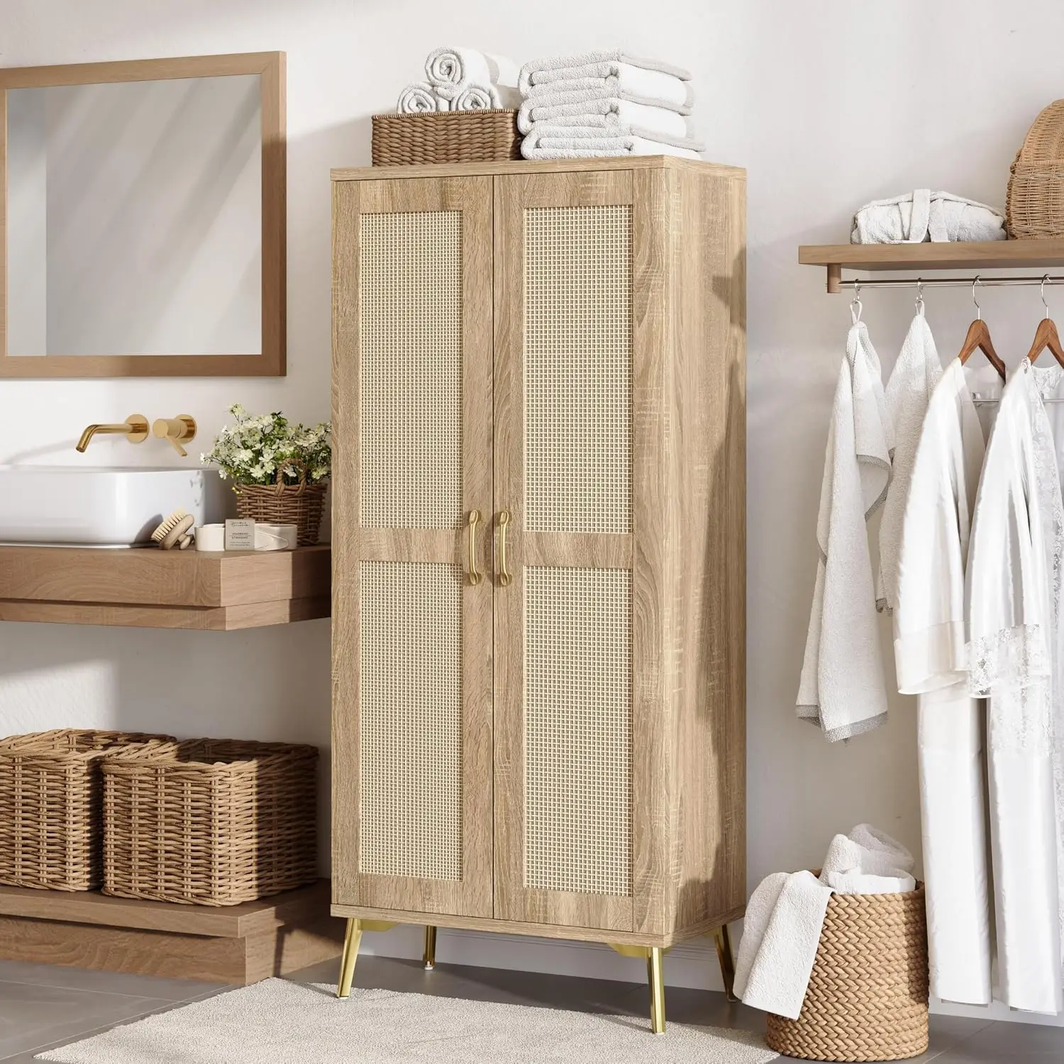 Tall Freestanding Bathroom Storage Cabinet Organizer With Natural Rattan Doors And Adjustable Shelves, Narrow Linen Tower Pantry Cupboard For Laundry Room Bedroom, Modern Farmhouse Furniture, Natural Wood
