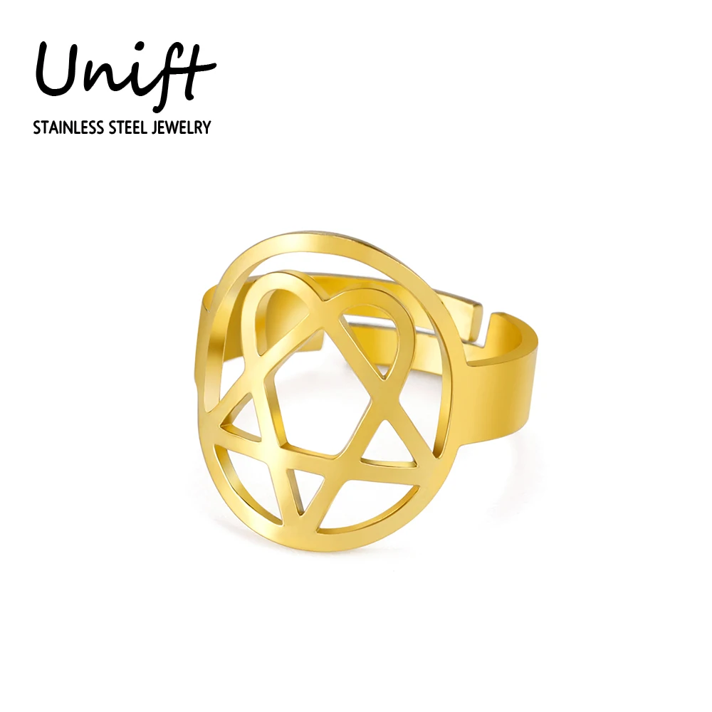 Unift Heartagram Rings for Women Stainless Steel Oral Open Ring Gothic Fashion Pentagonal Wicca Jewelry Wedding Band Gold Plated