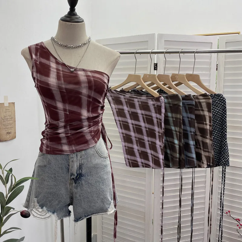 ISAROSE Vintage Summer Tops for Women Plaid Stretch Double Layers Mesh Asymmetrical Oblique Shoulder Side Adjustable Tank Tops