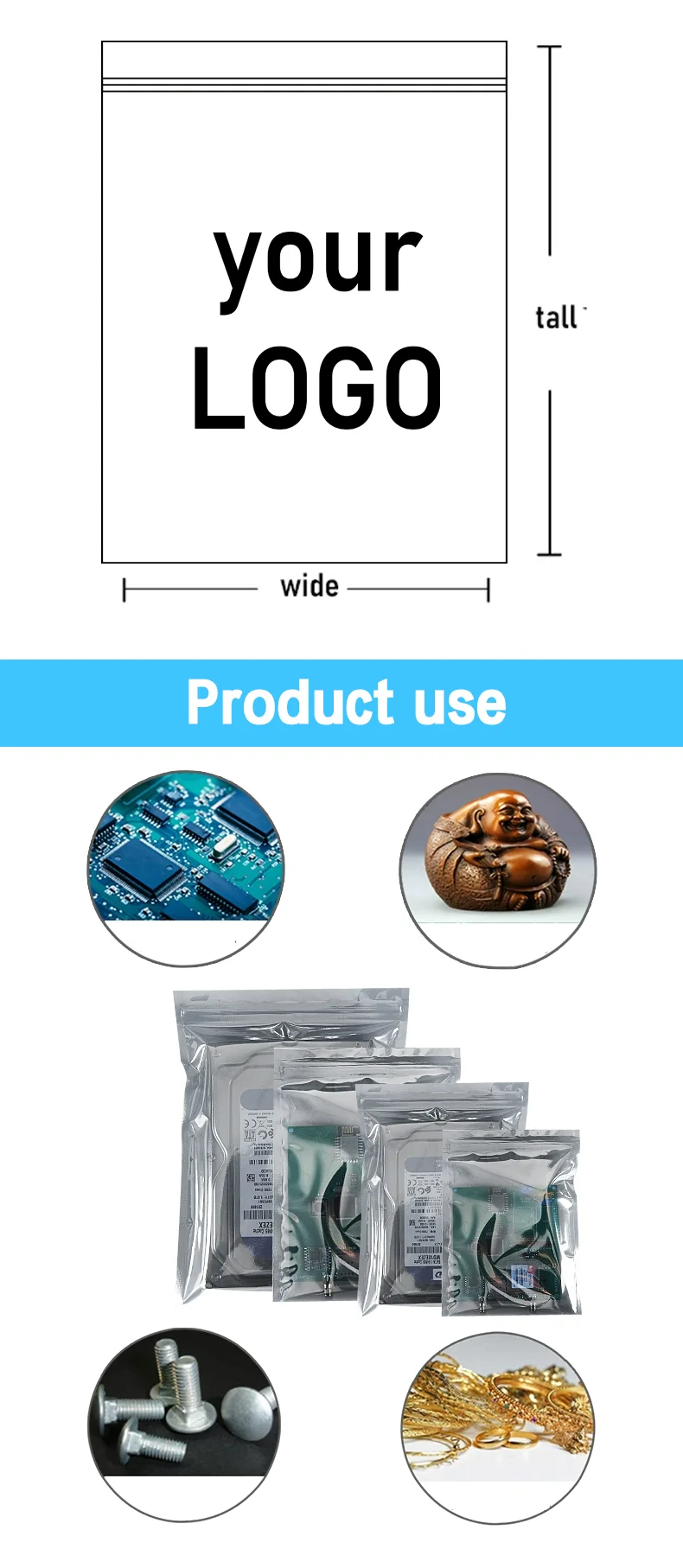 100 Ziplock-Beutel für Motherboards, Grafikkarten, elektronische Produkte, Handyhüllen, Verpackungsbeutel, antistatische Beutel, mit individuellem Logo – Detail 2