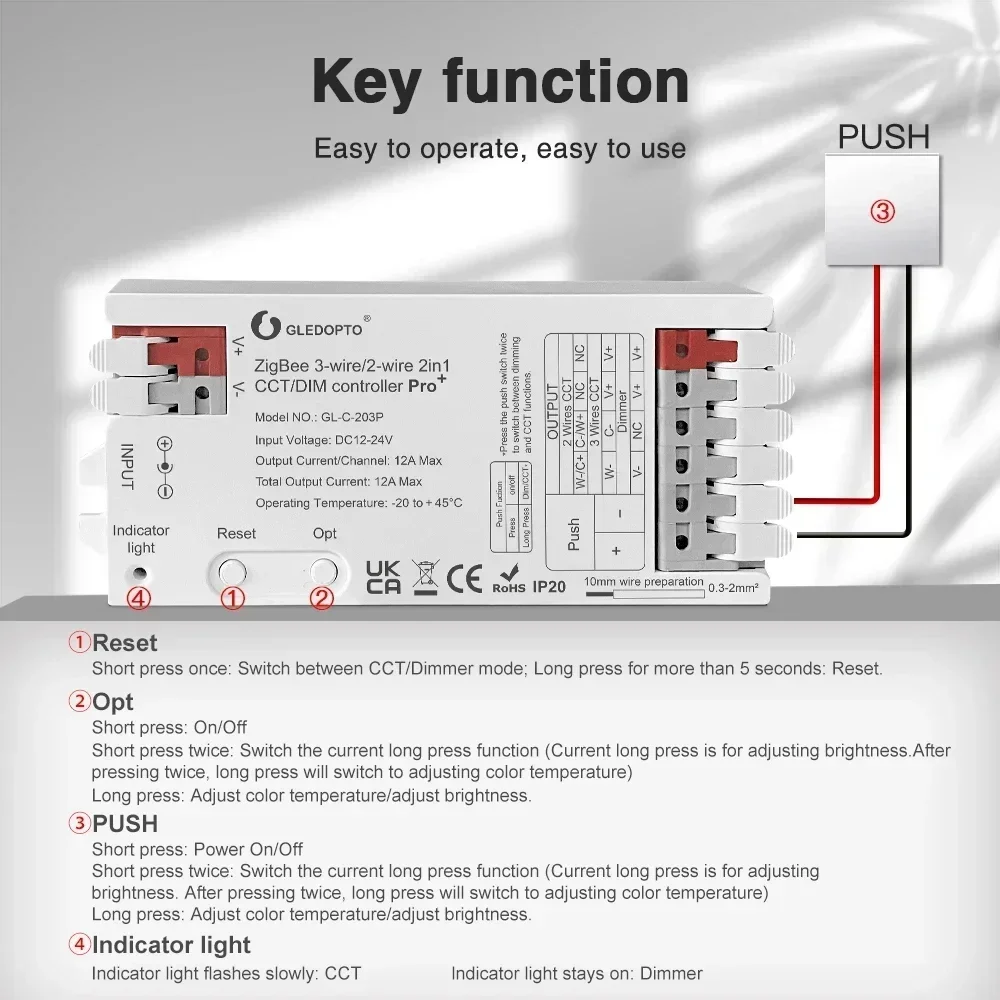 Gledopto zigbee 3.0 pro + wwcw 2 em 1 cct dimmer led controlador de luz de tira dc 12v-24v 12a max cct/dim zigbee led controlador