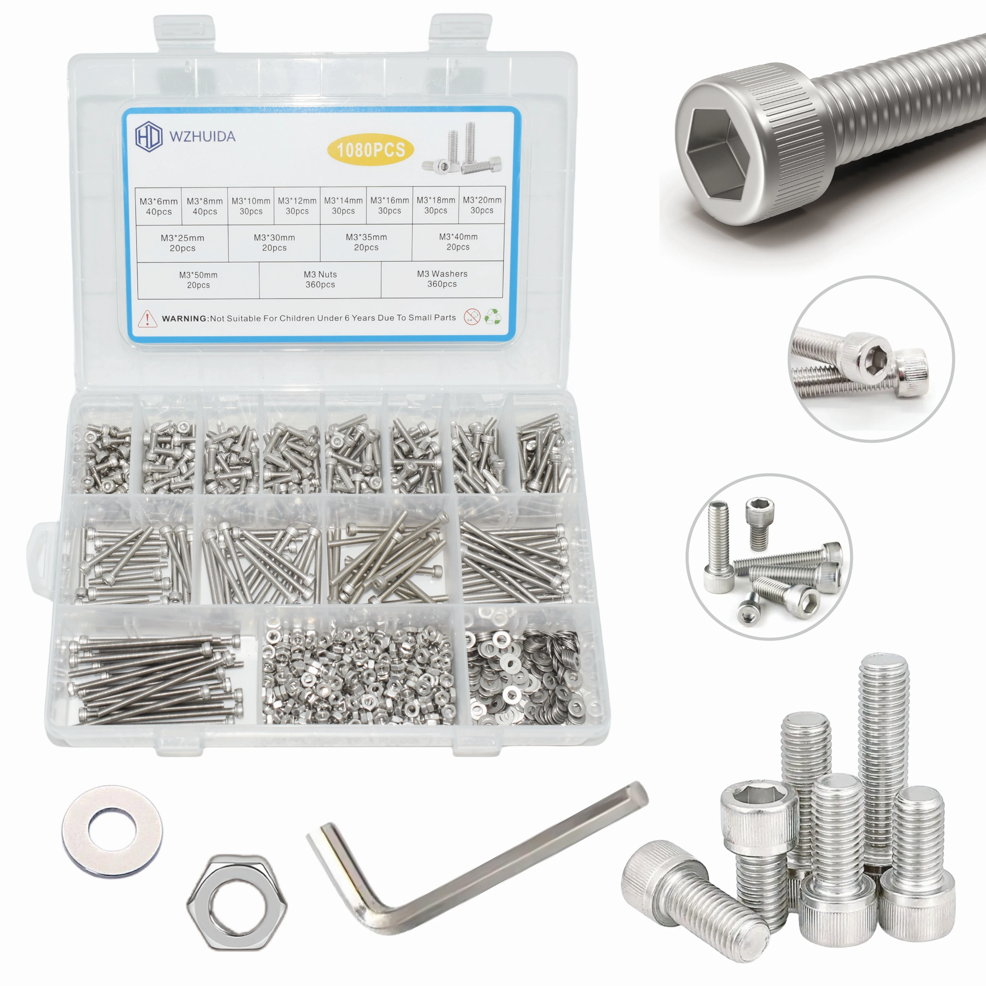 

WZHUIDA 1080 Pcs M3 Screw Assortment, M3x6-50mm, Stainless Metric Hex Socket Head Cap Screws Nuts and Washers with Wrench