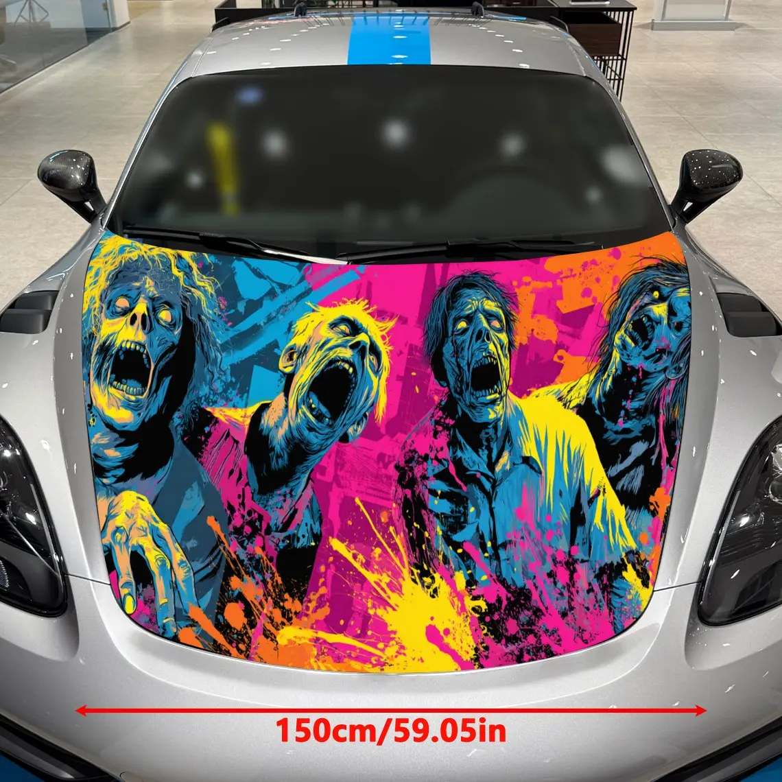 Zombie Neon Storm with Colorful Splatter Car Vinyl Wrap, PVC Material Waterproof Car Hood Sticker, Self-Adhesive Scratch-Resista