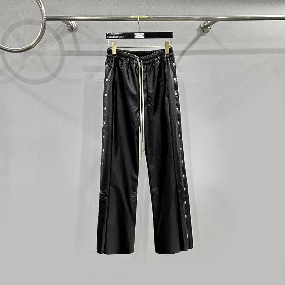 Rick Wide-leg Women Pants Dark Style Punk Owens Trouser High Street Rivet Leather Trousers Hip Hop Slacks Streetwear Sweatpants