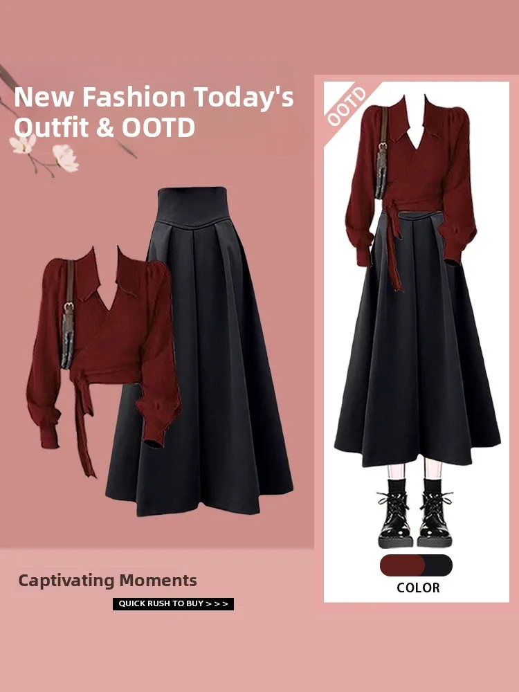 

Retro Pure Desire Design Short Tie Waist Top Women's Spring 2026 New Elegance High-End Feel Half Skirt Set Korean Style Commute