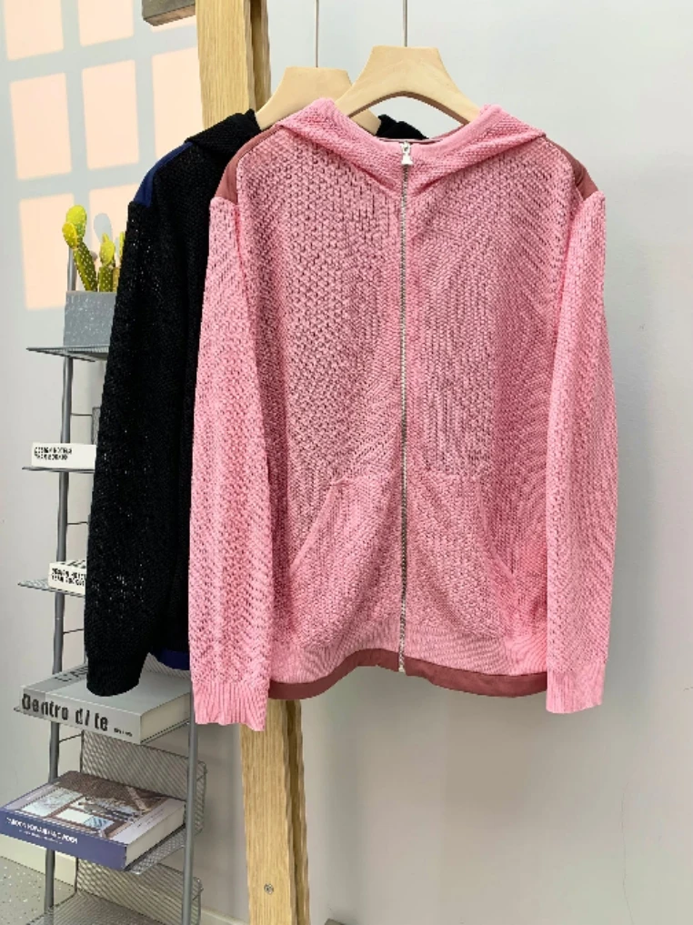 Coreano Sle Casual Allentato Lavorato A Maglia Splice Cardigan Aperto Estate Nuovo Arrivo delle Donne Faion Dimagrante Lungo Sve Cerniera Felpa Con Cappuccio