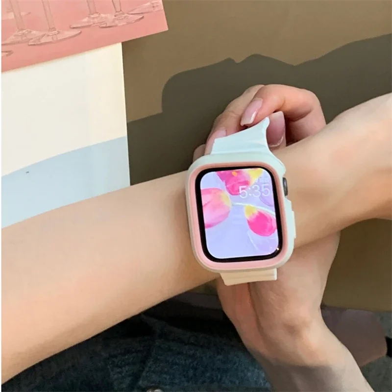 Cute pink white case strap for Apple Watch 41mm 49mm 45 38 40mm 42 44 wave soft silicone band for iWatch Series 9 8 7 SE 6 5 4