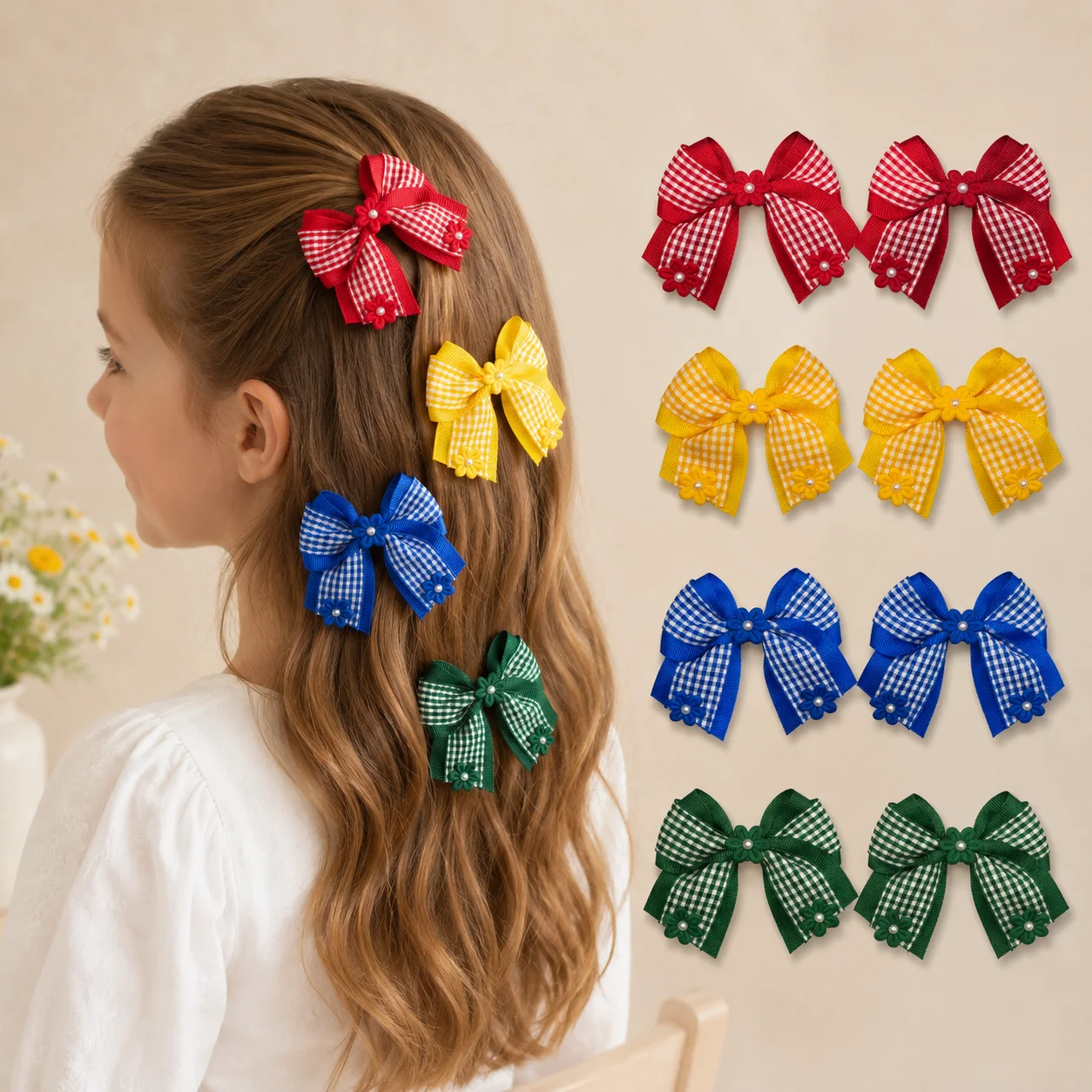 Kids Education School - 2Pcs/Pair Gingham Checkered Bow Hair Clips