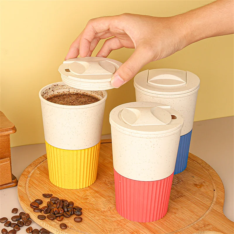 401-500ML Coffee Cup Plastic Wheat Fiber Coffee Cup Travel Mug With Lid Non-slip Sleeve Outdoor Fitness Breakfast Drink Cup