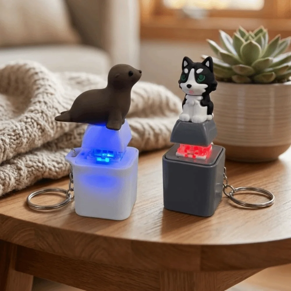 LED Light Animal Glowing Sound Keychain Novelty Clicky Sounding Seal Dog Light-Up Fidget Key Ring Cartoon Animal Tactile Switch