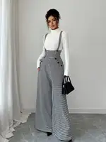 Overalls for Women's Winter Jumpsuit Black White Vintage Wide Leg Suspender Pants for Office Commute Casual Female Clothing - Image 2