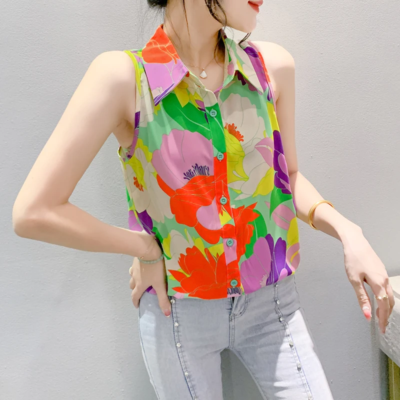 2025 Summer Print Sleeveless Shirts for Women Fashion Slim Straight Women's Clothing Flower Single Breasted Blouse OL Women Tops