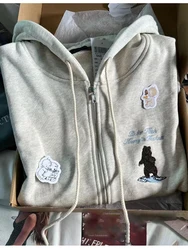 Cartoon Bear Embroidery Loose Hoodies Women Streetwear Gray Cotton Zip-up Hooded Sweatshirts Harajuku Cute Autumn Jacket Tops