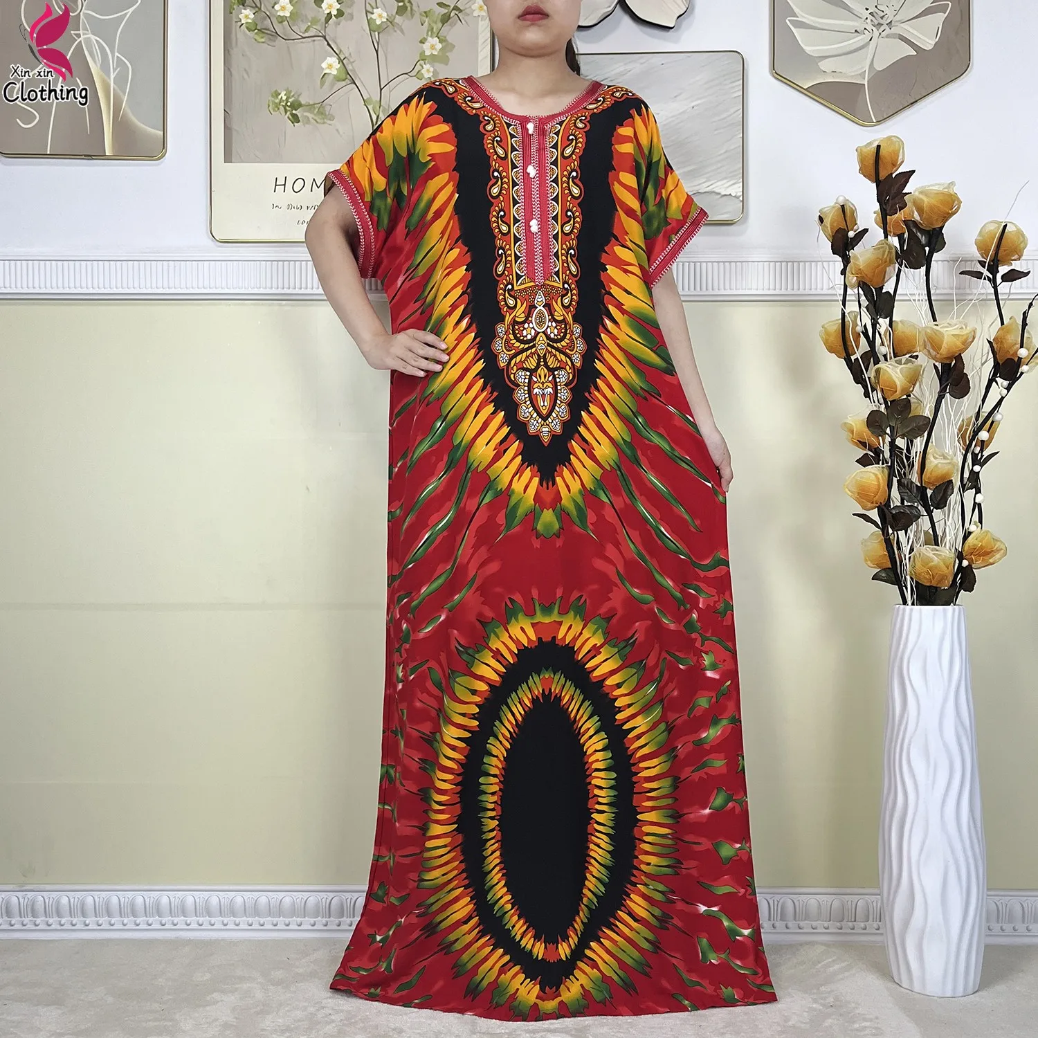 Latest African Women Cotton Dress Fashion Pattern Printing Short Sleeve Robe Women Dashiki Loose Casual Muslim Abaya Clothing