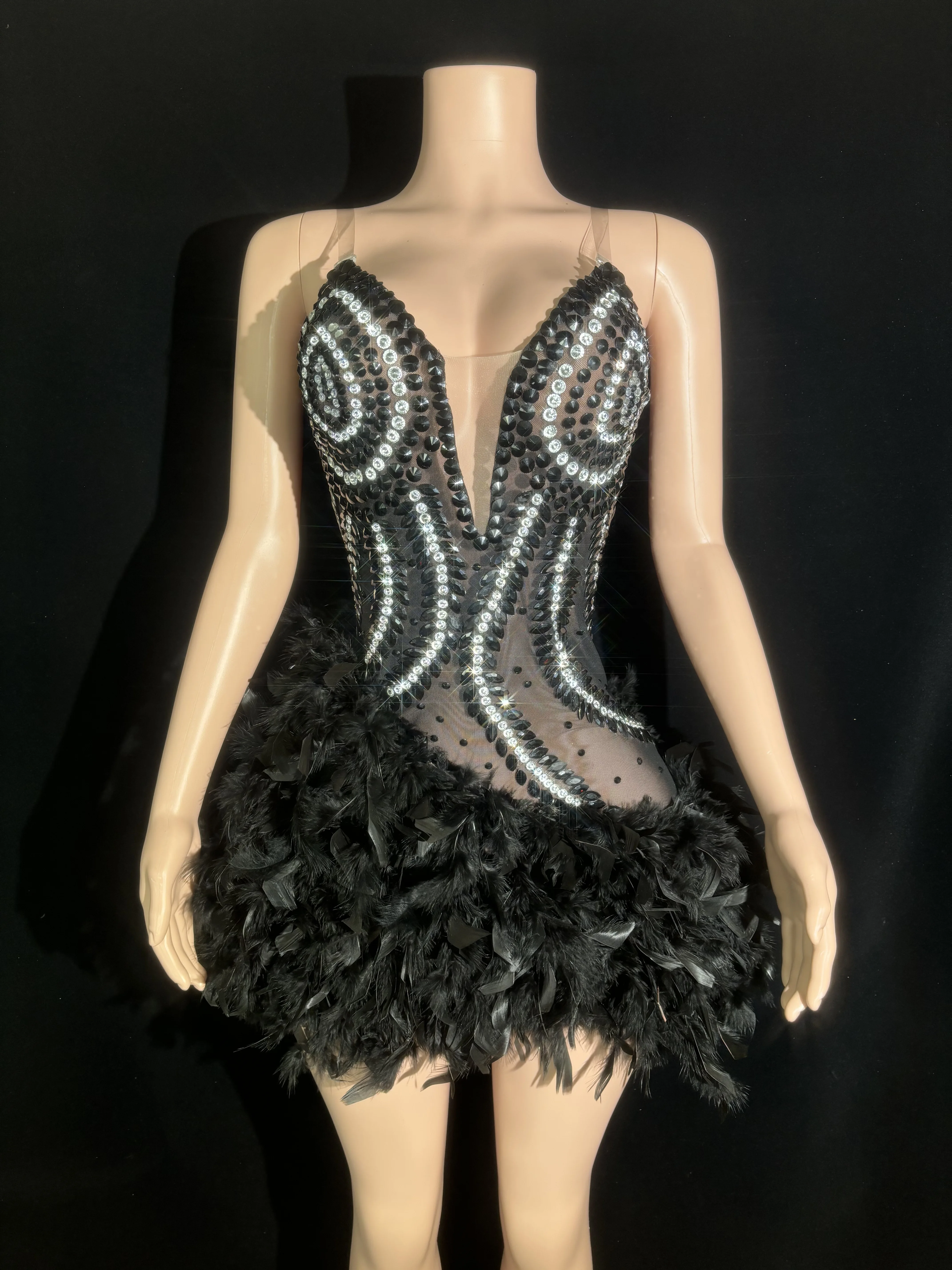 

Women Sexy Luxury Mesh Black Feather Dress Elegant Evening Party Celebrate Birthday Bar Club Rhinestone Performance Costume