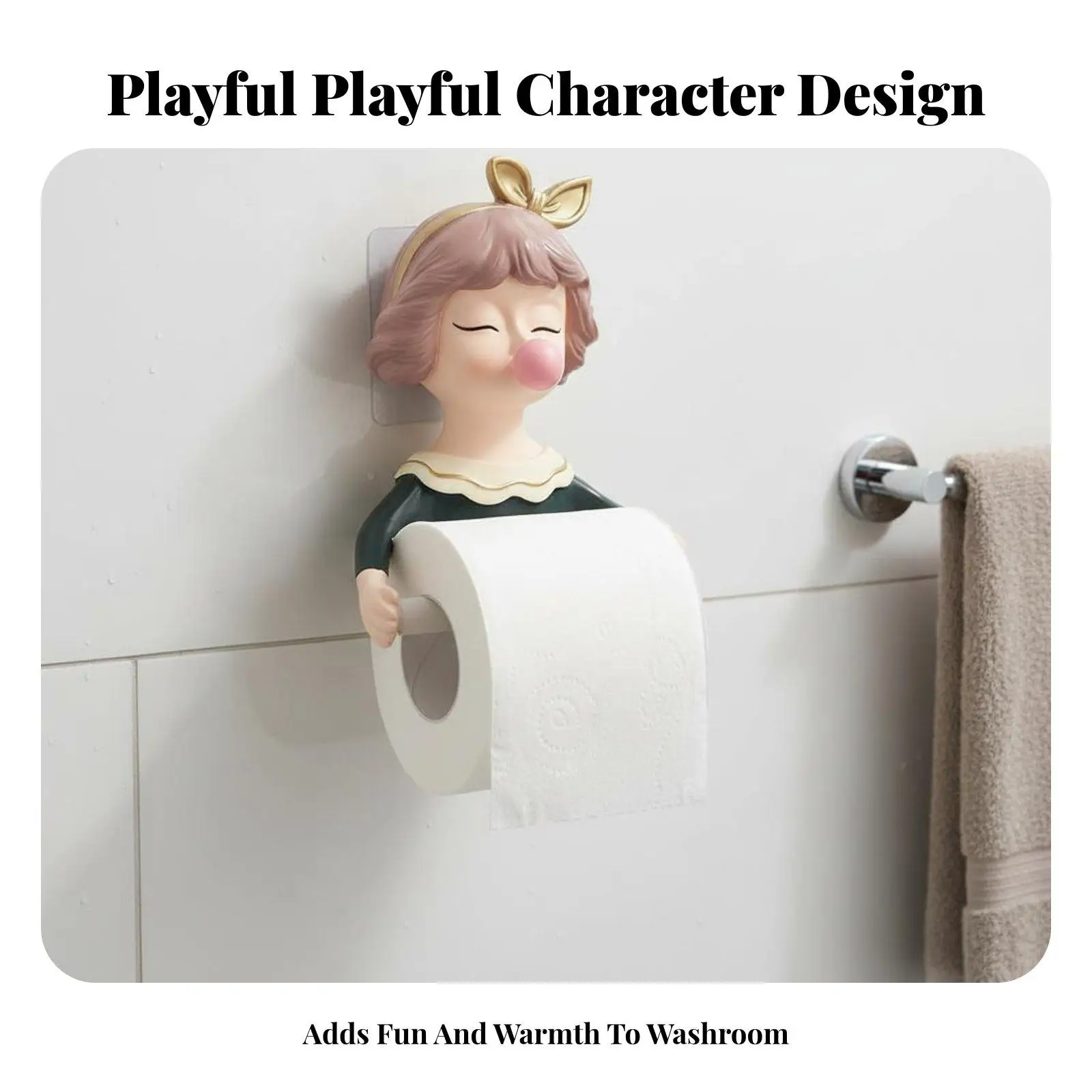 Enamel PVC Tissue Holder with Telescopic Rod Wall Mounted Toilet Paper Storage Cute Blowing Bubble Girl Design for Bathroom