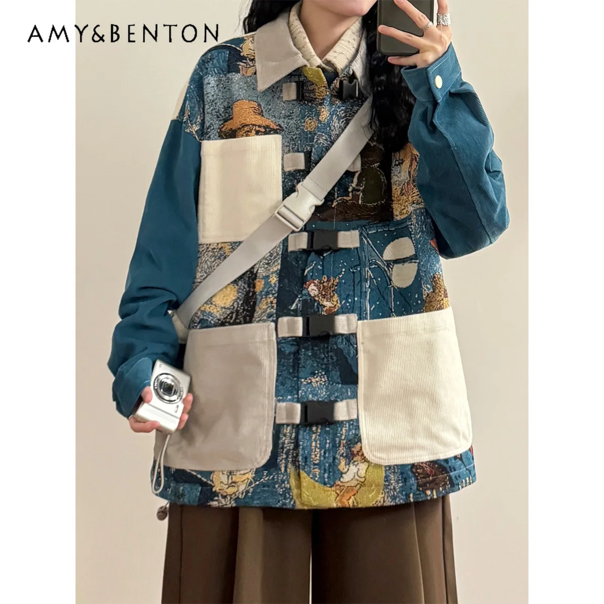 

2025 Spring New American Art Oil Painting Style High-end Design Heavy-duty Button Lapel Women's Jacket Casual Coat
